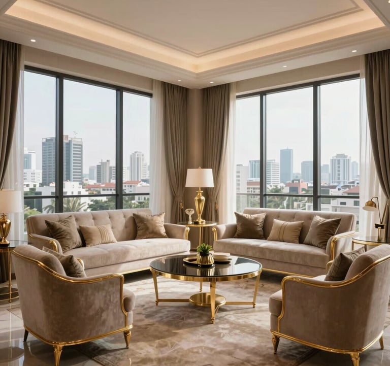 A high-end photography shot of a luxury apartment interior in Gurgaon, featuring sophisticated South Asian / Indian decor, floor-to-ceiling windows showing a city skyline, and elegant gold-trimmed furniture.