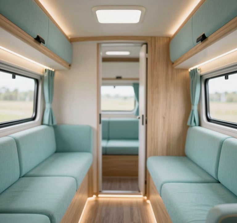 Interior shot of a bespoke luxury caravan, showcasing minimalist modern design, warm hidden lighting, and light teal textile accents. The atmosphere is cozy yet high-end, featuring clean lines and premium materials like natural wood.