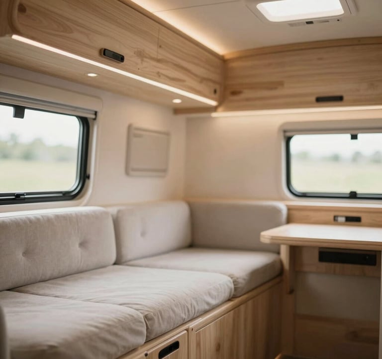 A close-up photograph of the interior of a custom-built caravan, showing impeccable craftsmanship. It features light wood textures, soft #F2F7F6 fabric accents, and integrated warm lighting, creating an inviting and modern luxury aesthetic.
