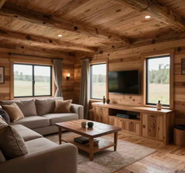 The interior of a custom cabin, blending modern technology with traditional artisan woodcraft, reflecting a clean and premium luxury mood.