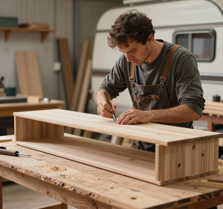 A workshop scene showing a skilled craftsman finishing a custom piece of furniture for a caravan, using light-colored wood and precise tools. The atmosphere is one of expertise and premium quality.