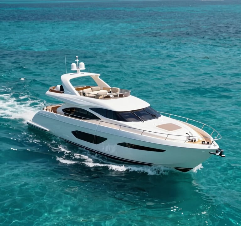 A sleek, modern yacht gliding through clear turquoise waters, showcasing bespoke maritime engineering. The hull reflects deep teal #1C3A3B, and the design looks luxurious and inviting.