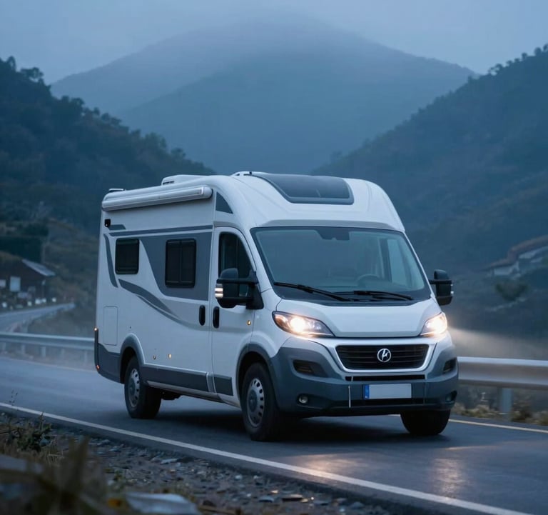 A luxury motorhome driving through a scenic mountain road during the blue hour. The headlights cut through the mist, emphasizing adventure and professional build quality. Colors feature #1C3A3B tones.
