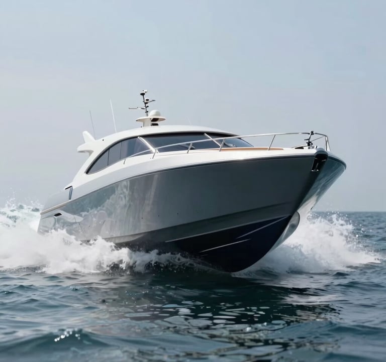 A high-speed luxury boat cutting through the waves, captured from a low angle to show the power and craftsmanship of the hull in #4A6D6C.