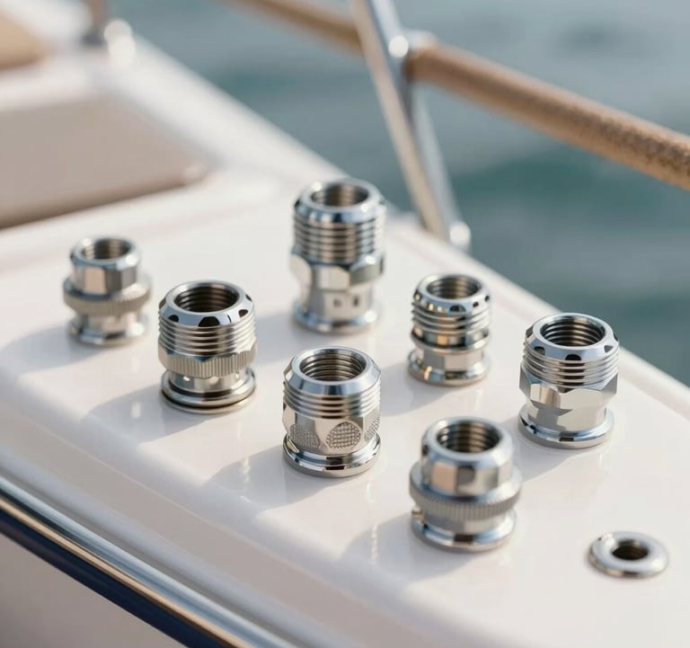 An artistic shot of premium marine grade hardware and stainless steel fittings on a custom boat. The lighting is clean and bright, highlighting the quality of the materials and the meticulous attention to detail.