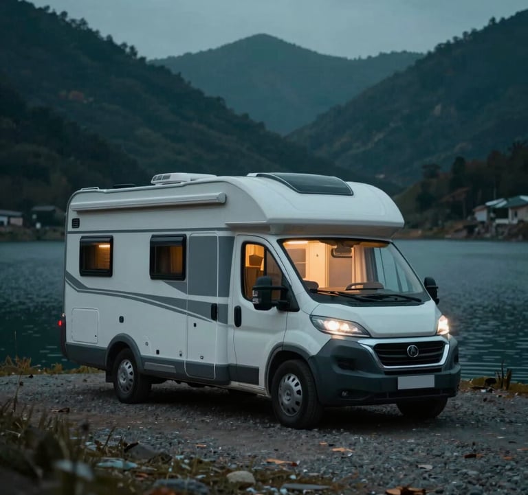A stylish caravan parked by a mountain lake at twilight, its interior lights casting a warm, inviting #F2F7F6 glow against the dark teal #1C3A3B surroundings.