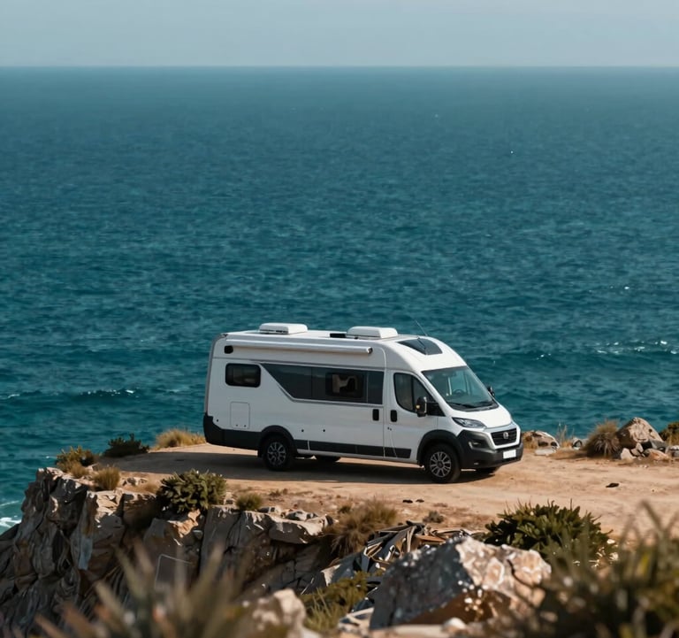 A modern, sleek caravan parked elegantly on a clifftop overlooking a deep teal ocean (#1C3A3B). The composition is expansive, emphasizing freedom and the harmony between high-end manufacturing and nature.