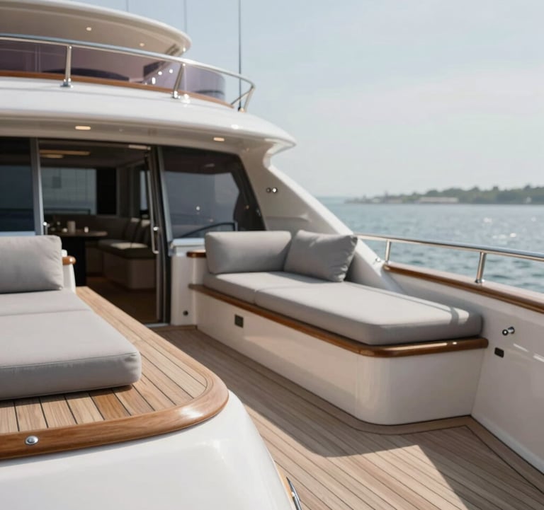 A medium shot of a custom-built, luxury yacht's deck, showing polished wood and high-end nautical fittings. The style is modern and inviting, with a palette featuring #4A6D6C and soft mist #F2F7F6 accents. Natural bright daylight.
