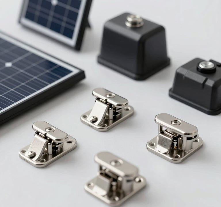 A clean, studio-style shot of premium marine and caravan components—stainless steel latches, high-grade solar panels, and bespoke hardware—arranged neatly on a light #F2F7F6 surface. Professional lighting emphasizing craftsmanship and quality.