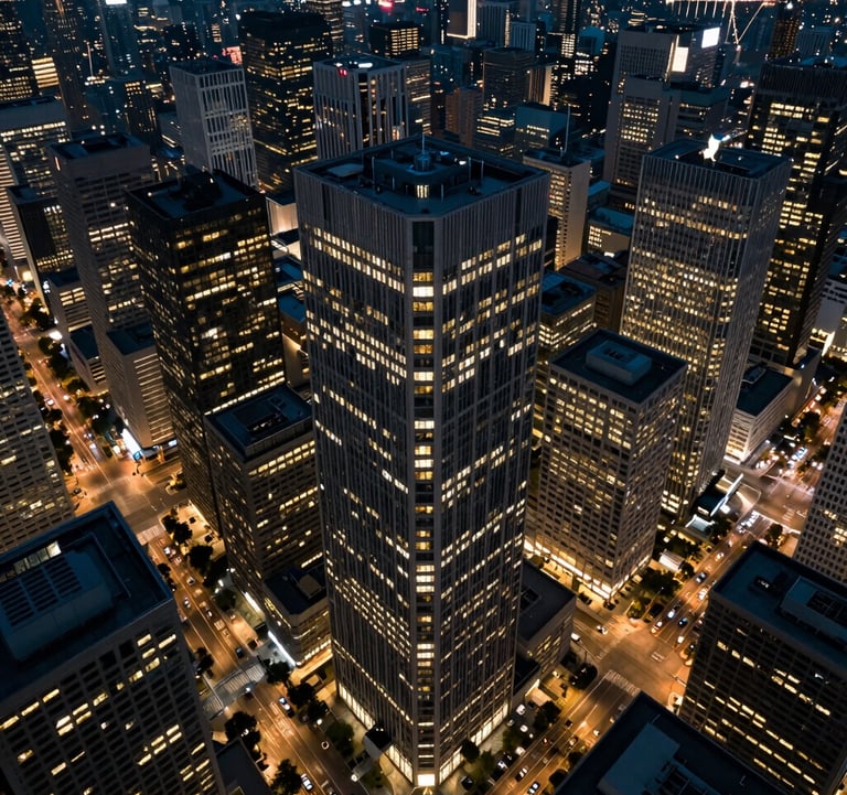 An aerial view of a central business district at dusk, office lights appearing as muted gold dots against charcoal-colored buildings, institutional and controlled atmosphere, International / Global.