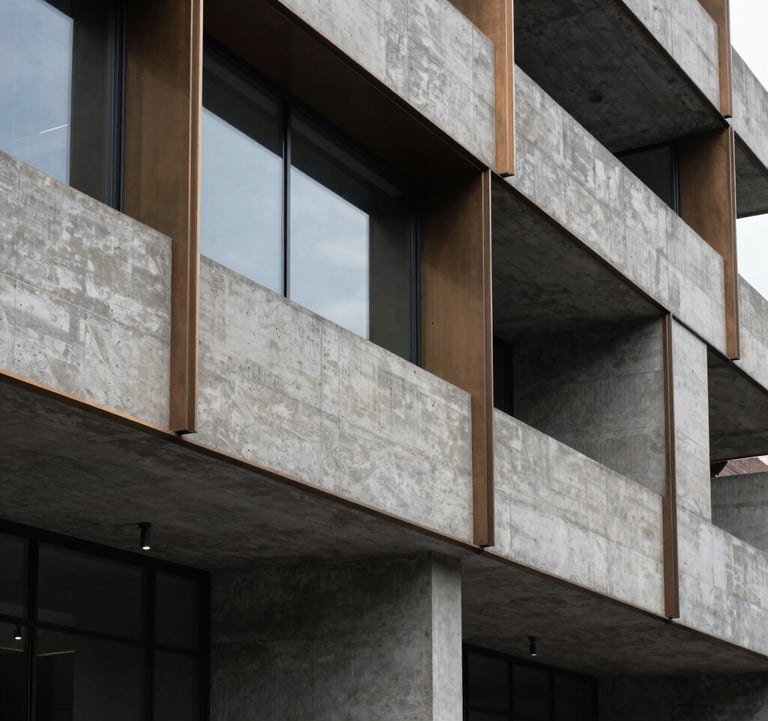 A sharp architectural detail of a modern brutalist concrete structure with bronze accents and dark glass, high contrast deep charcoal shadows, International / Global professional setting.