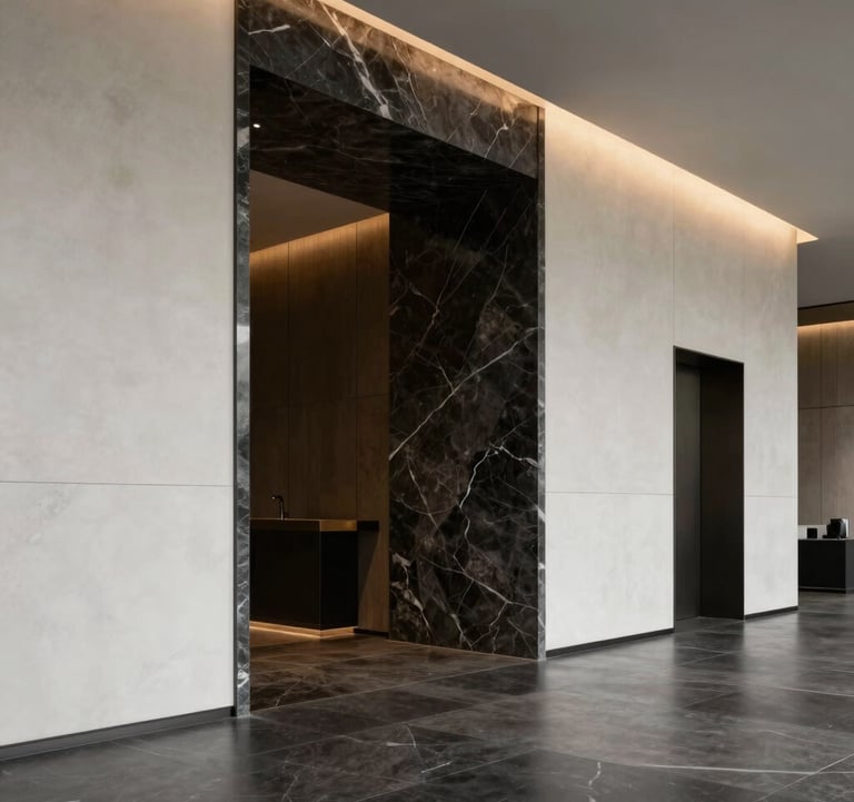 An interior shot of a luxury minimalist lobby featuring dark charcoal marble and white walls, lit with indirect muted gold lighting, professional institutional style, International / Global.