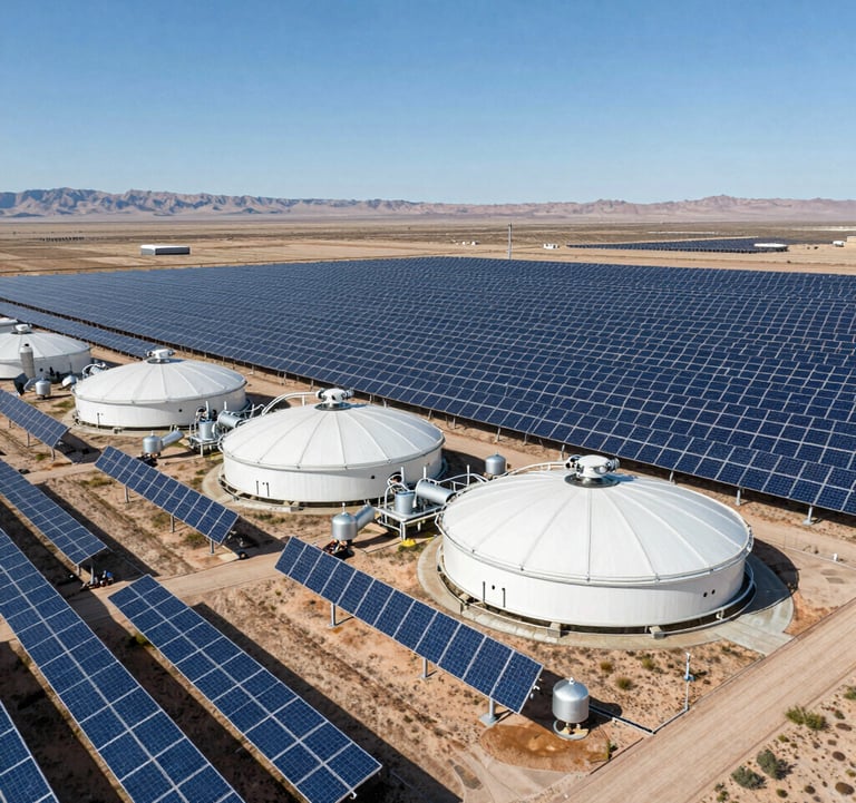 An aerial photograph of a large-scale solar farm integrated with a green hydrogen production facility in the Southwestern US. The composition shows the vast rows of blue panels and silver infrastructure under a brilliant clear sky, emphasizing scale and innovation.