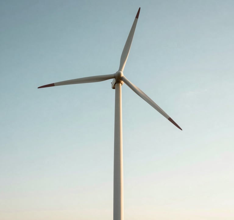 A low-angle shot of a wind turbine spinning against a bright, clear sky on a North American plain, representing a commitment to renewable energy resources.