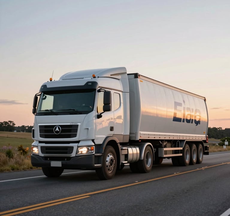 A professional photograph of a modern heavy-duty freight truck driving through a scenic highway in North America during the golden hour, symbolizing clean transport.