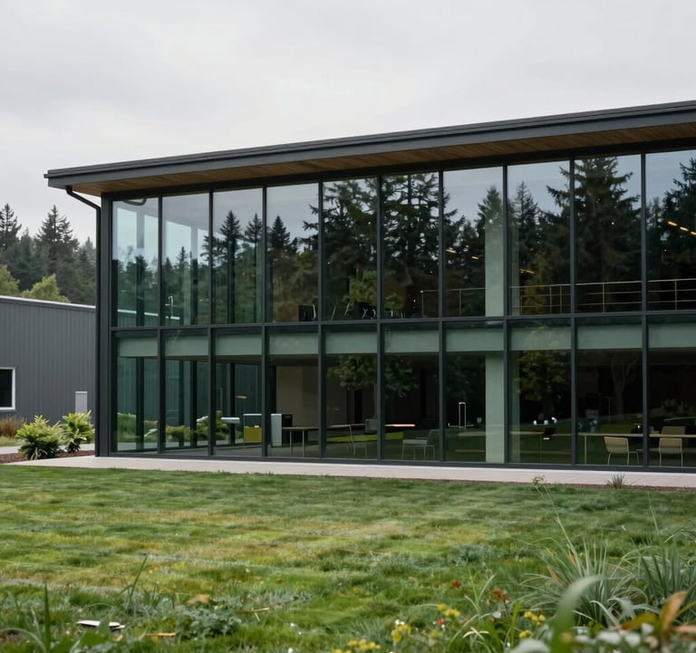Modern architectural photography of a sustainable energy research and development center in the North American / US Pacific Northwest. The building features large glass windows reflecting a Dark Green forest and a well-maintained lawn. The style is clean, corporate, and innovative.