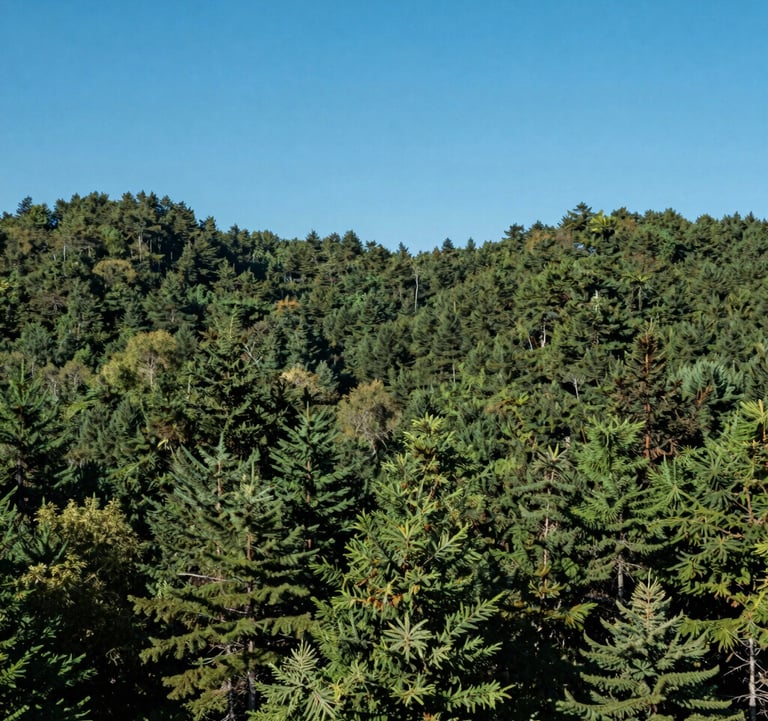 A wide landscape shot of a lush North American forest with clear blue skies, representing environmental preservation and high-quality air, in sharp focus with natural lighting.