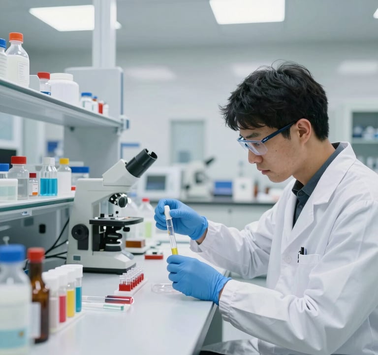 A professional photograph of a high-tech lab interior in North America where scientists are testing fuel samples in a clean, modern workspace with bright white lighting.