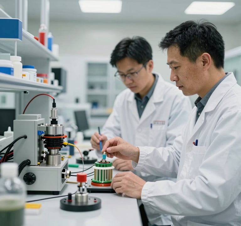 Engineers in professional attire working with high-tech sustainable fuel components in a bright, clean North American / US laboratory environment. The atmosphere is innovative and trustworthy.