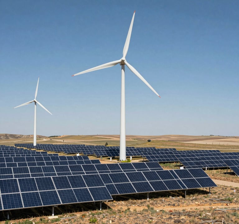 A scenic view of a sustainable energy farm with wind turbines and solar panels integrated into a North American / US rural landscape. Crisp, professional photography with a focus on environmental responsibility.
