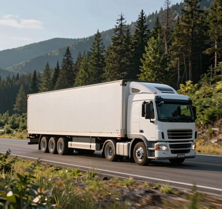 A high-speed professional photography shot of a sleek, modern logistics truck driving through a mountainous North American / US landscape. The lighting is crisp morning sun, highlighting the truck's clean lines. The surrounding environment features deep Fern Green forests and a clear Platinum sky.