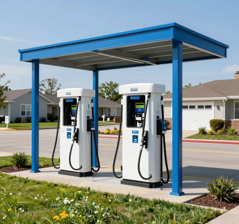 Professional photography of a state-of-the-art sustainable fueling station in a clean North American / US suburban setting. The structure features modern Steel Blue accents and Apple Green landscaping. Clear midday lighting, high-contrast, innovative atmosphere.