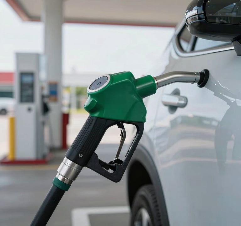 Close-up photography of a high-tech fuel nozzle dispensing fuel into a modern vehicle in a clean, brightly lit North American service station environment.