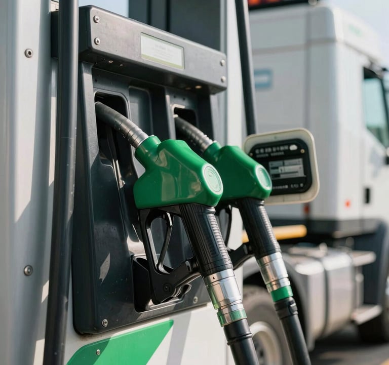 A close-up photograph of a modern, green fuel pump nozzle being used to refuel a heavy-duty transport truck at a clean, professional service station in North America. The lighting is bright daylight, highlighting the metallic textures and vibrant green accents.