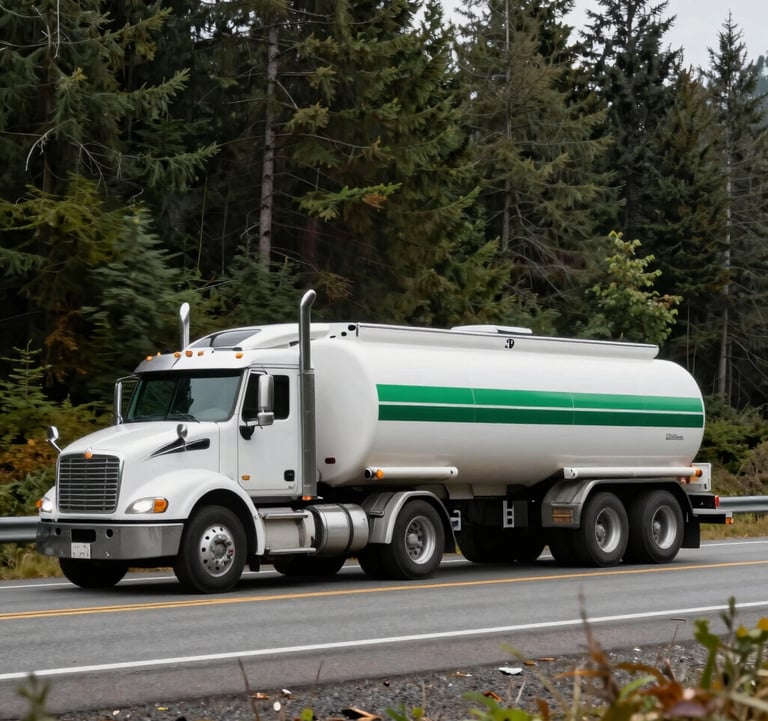 A sleek, white and green fuel tanker truck driving along a scenic highway in the North American Pacific Northwest, surrounded by lush evergreen forests. The photography is crisp, capturing the movement and the clean branding on the side of the truck.
