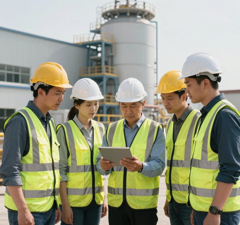 A group of professional engineers in safety gear standing in front of a modern industrial facility in the US, looking at a digital tablet with confidence, daytime sunlit.