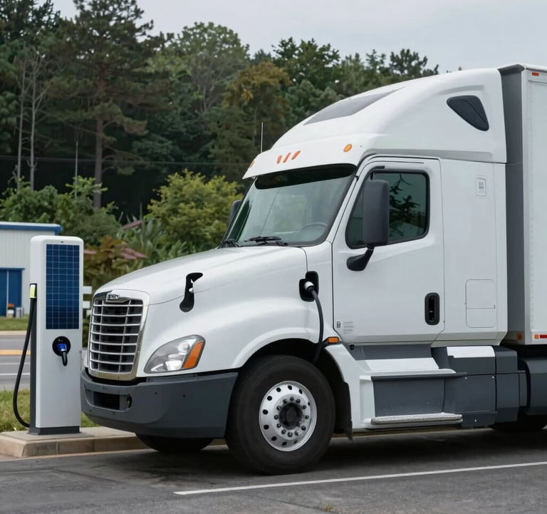 A clean, modern electric semi-truck charging at a solar-powered station in a North American / US logistics hub. Soft daylight, professional composition, forest green and pale blue-grey tones.