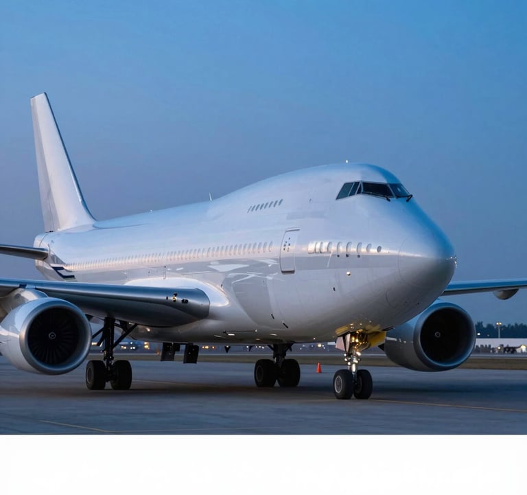 A professional close-up of a modern cargo plane on a tarmac at dusk, its silver hull reflecting the ambient corporate blue lighting. Clean, sharp lines and premium atmosphere.