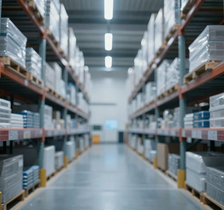 A high-tech, clean, modern warehouse interior with high ceilings and organized shelving. The lighting is cool and professional, featuring subtle blue accents (#4C6A89) and metallic finishes.
