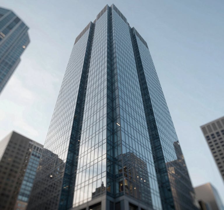 A sharp, low-angle architectural photograph of a sleek glass skyscraper in a US financial district, reflecting the sky. The image has a clean, corporate aesthetic with tones of #4C6A89 and #E0E6EB.