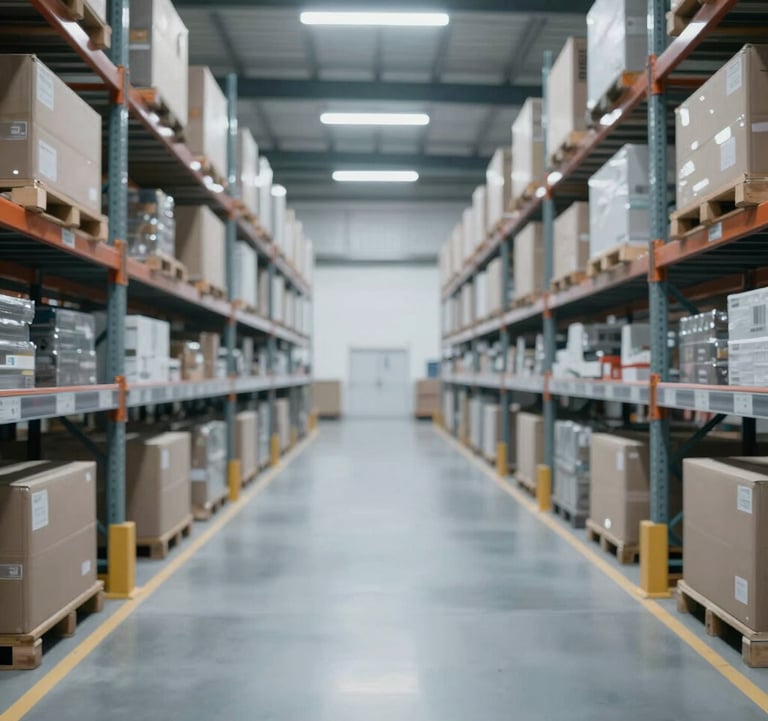 A wide, clean interior shot of a high-tech modern warehouse with automated storage systems and cargo ready for export. Symmetrical composition with professional cool lighting featuring #4C6A89.