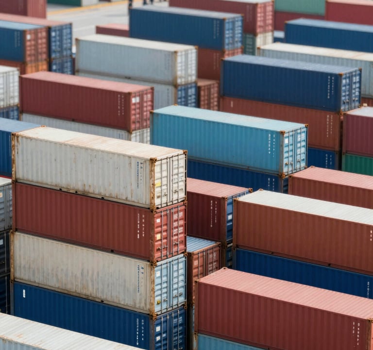 A massive stack of colorful shipping containers at a port facility. High contrast, sharp focus, capturing the essence of international commerce and scale.