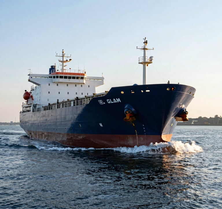 A cinematic shot of a large cargo vessel painted dark navy blue entering the Gdansk harbor. The water is a deep dusty blue with white foam at the bow, captured during the clear soft white light of early morning.
