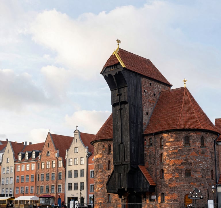 A beautiful shot of the historical timber crane and brick architecture of the old Gdansk port, captured in the soft cloud white light of morning.
