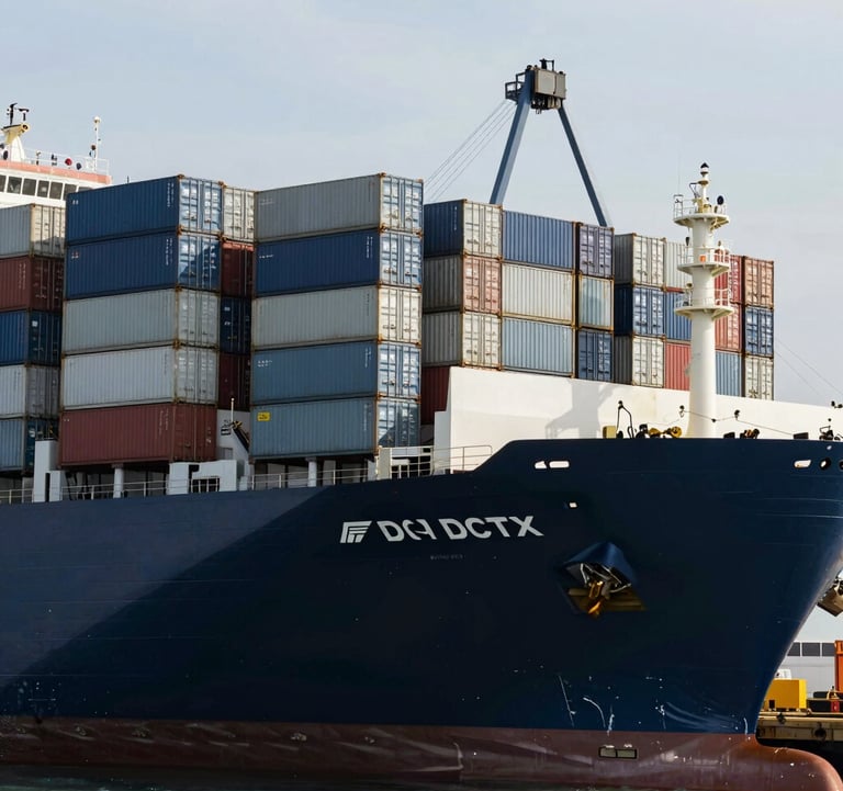 A modern container ship docked at the DCT terminal. The ship's hull is a polished Dark Navy. Stacks of multicolored containers create a geometric pattern of Muted Slate Blue and Soft Steel Grey. The lighting is bright and clear, emphasizing the clean, modern efficiency of the seaport operations.