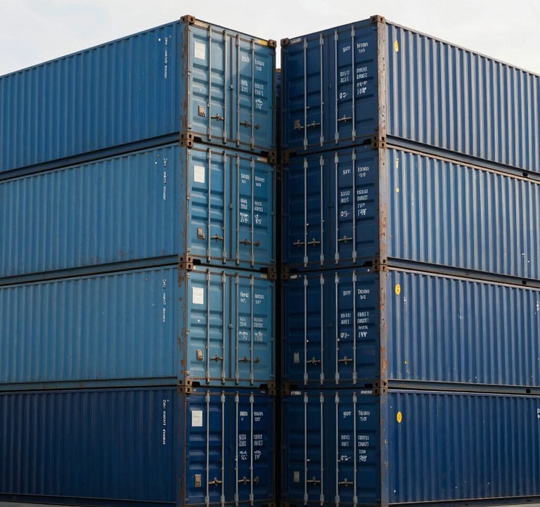 A creative, high-contrast photograph of massive steel shipping containers stacked in the shipyard. The containers are primarily steel blue and dark navy blue, arranged in a geometric pattern under a soft white sky.
