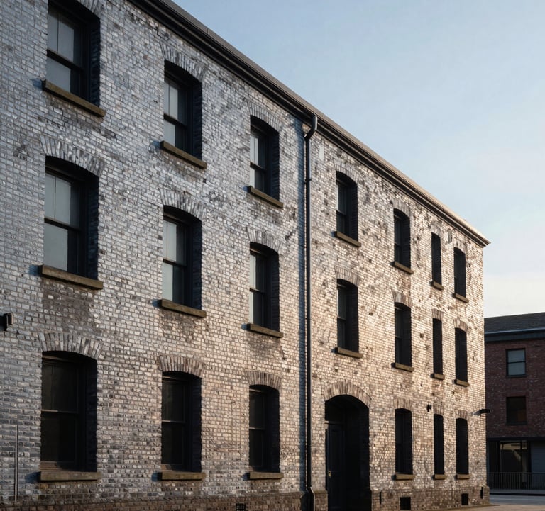 A sharp, detailed photograph of a historic brick building located at the edge of the shipyard, now serving as a museum. The architecture is illuminated by soft morning light, showing textures of weathered stone and steel. Colors are predominantly Silver Mist and deep shadows.