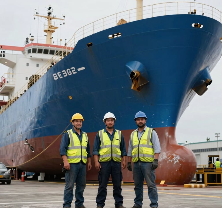Skilled port workers in professional gear standing before a massive steel blue hull of a ship under construction.