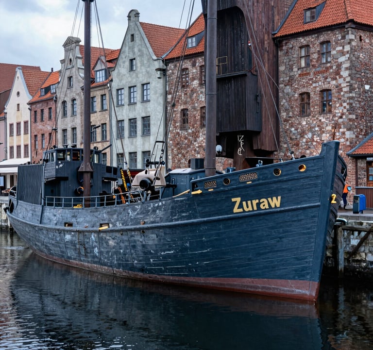 A detailed photograph of the historic wooden Port Crane 'Zuraw' in Gdansk. The weathered timber is a deep Muted Slate Blue under soft daylight. The surrounding stone architecture is Soft Steel Grey, and the scene is reflected in the calm, Dark Navy waters of the Motlawa River.