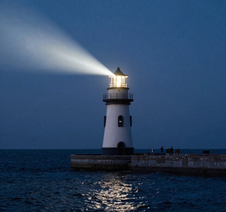 A cinematic shot of the old port lighthouse at twilight, casting a bright cloud white beam over the dark navy blue sea.