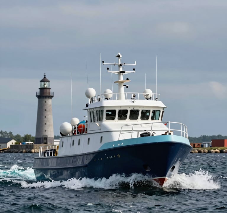 A cinematic shot of a pilot boat cutting through the Baltic Sea waves near the Gdansk harbor entrance. The boat is painted in Dark Navy and Pale Mist Blue. The spray of the water is a crisp Pale Mist Blue, and the background shows the Soft Steel Grey lighthouse tower against a Muted Slate Blue morning sky.