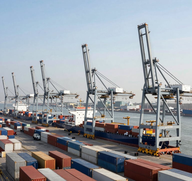 A panoramic photograph taken from a high vantage point overlooking the shipyard. The composition emphasizes the scale of the operations, featuring rows of colorful containers and giant cranes. The lighting is crisp daylight, with a palette of Silver Mist and Steel Blue.