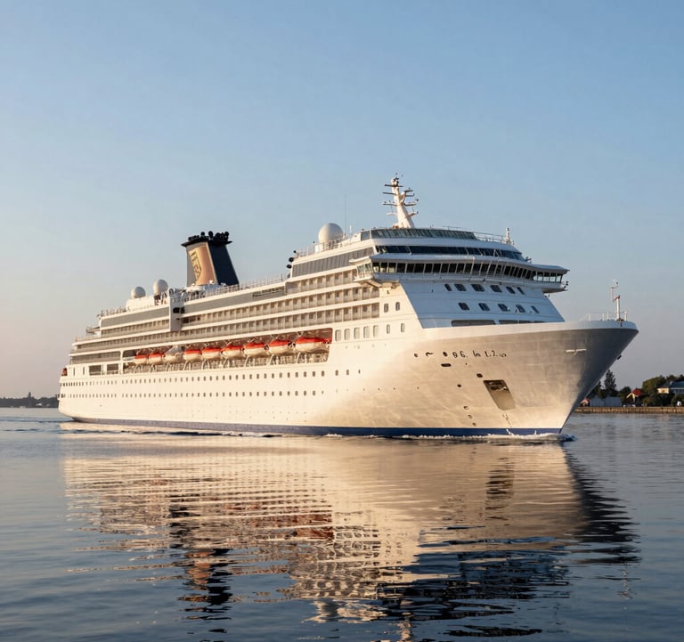 A sleek white cruise liner entering the Gdansk bay at dawn, mirrored in the calm silver blue water.