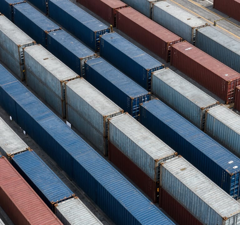 An aerial view of the modern container terminal showing organized rows of shipping containers in shades of muted steel blue and silver blue.