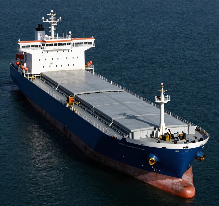 A high-resolution photograph of a massive steel blue cargo vessel docked at the terminal, surrounded by calm dark navy blue water.