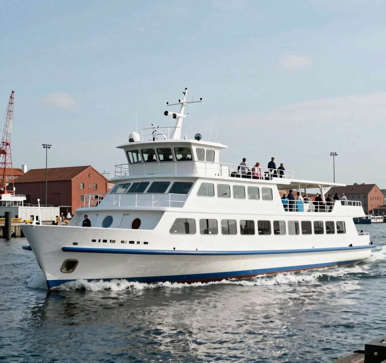 A medium shot of a sleek white tour boat with Steel Blue trim, carrying visitors through the Gdansk harbor. The composition is dynamic, showing the movement of the boat against a backdrop of industrial docks under a bright Sea Salt sky.